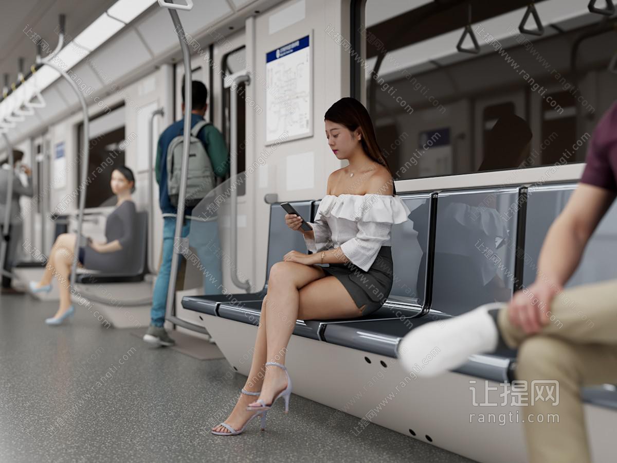 现代地铁车厢里看手机的女人