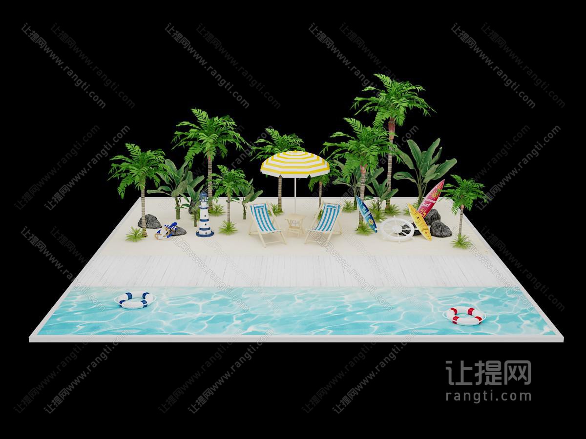现代夏季沙滩椰子树遮阳伞美陈