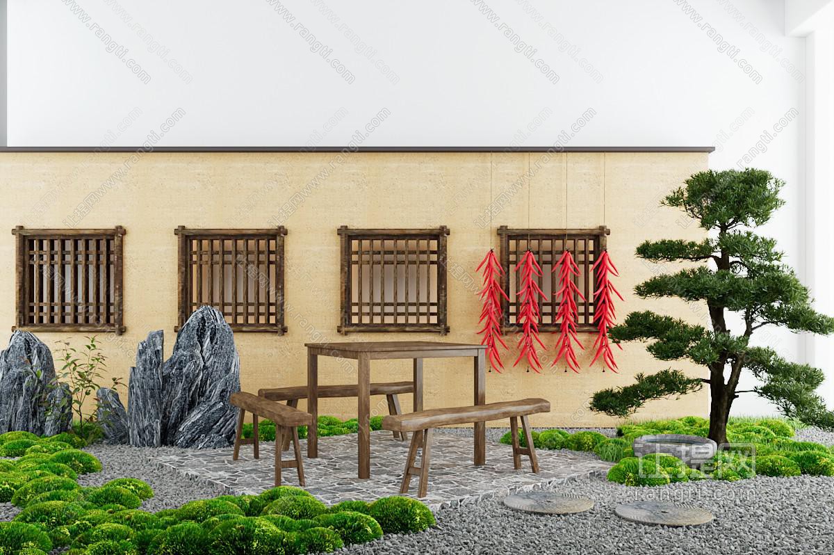 新中式松树 石头景观园艺小品