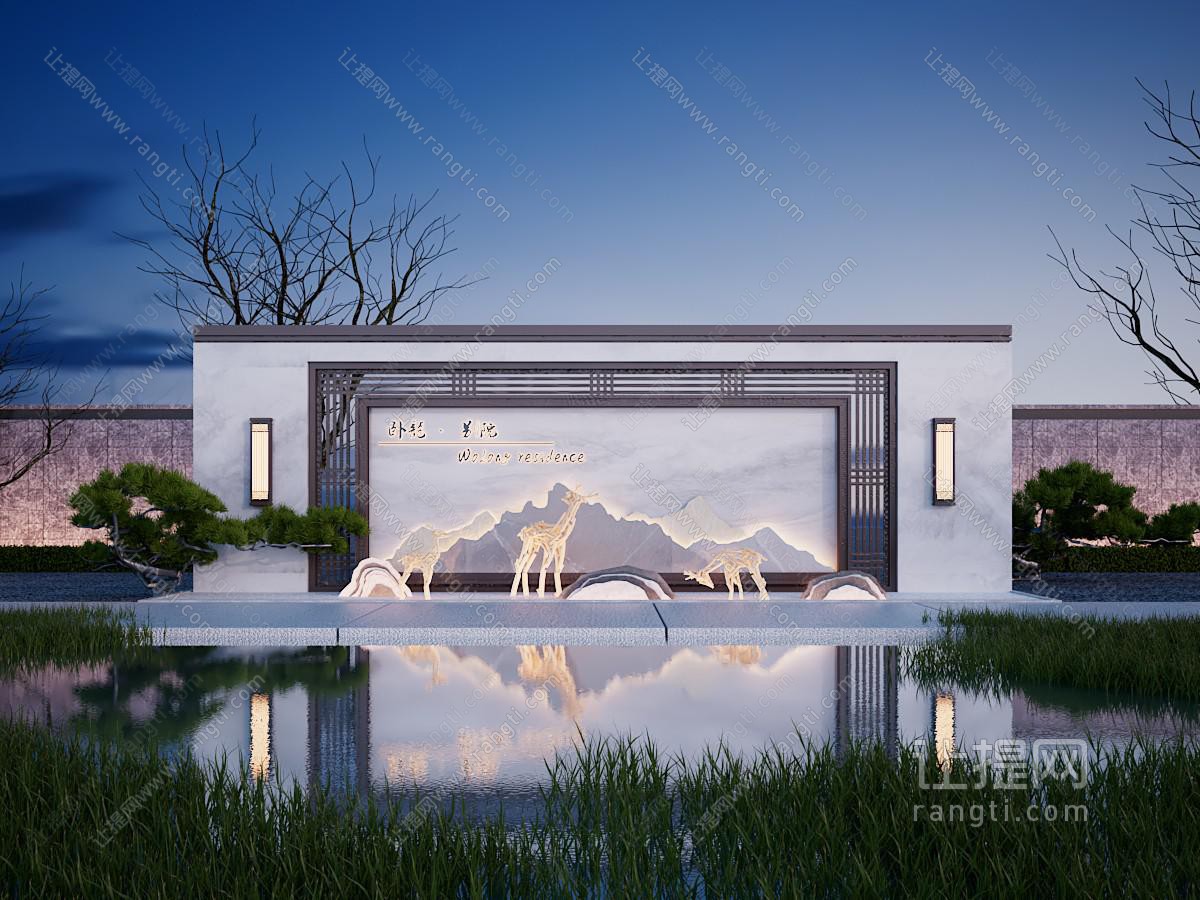 新中式景观墙 水景