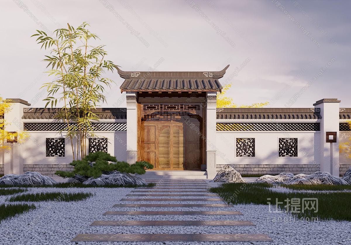 新中式庭院大门 围墙 景观园艺小品