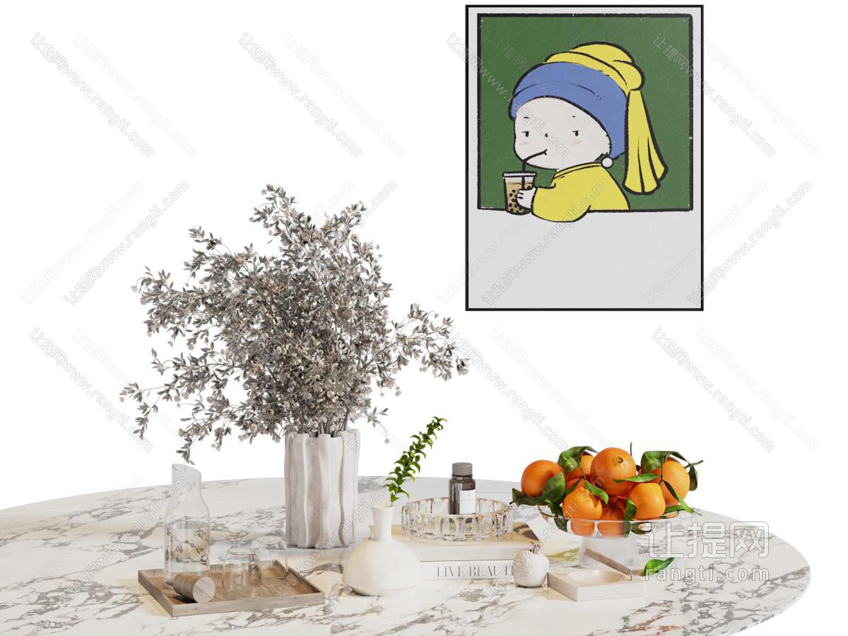 现代花瓶花卉 玻璃果盘水果 摆件组合