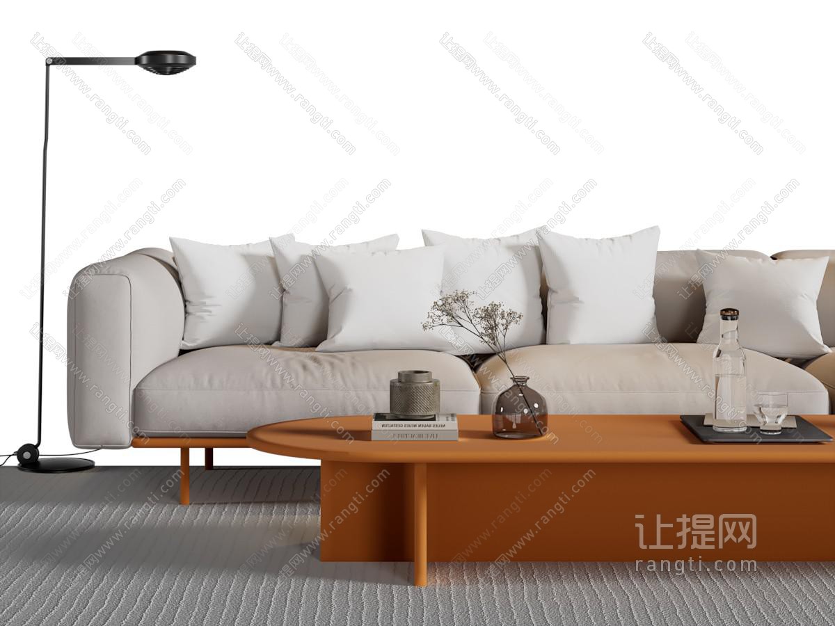 现代多人沙发 茶几 落地灯