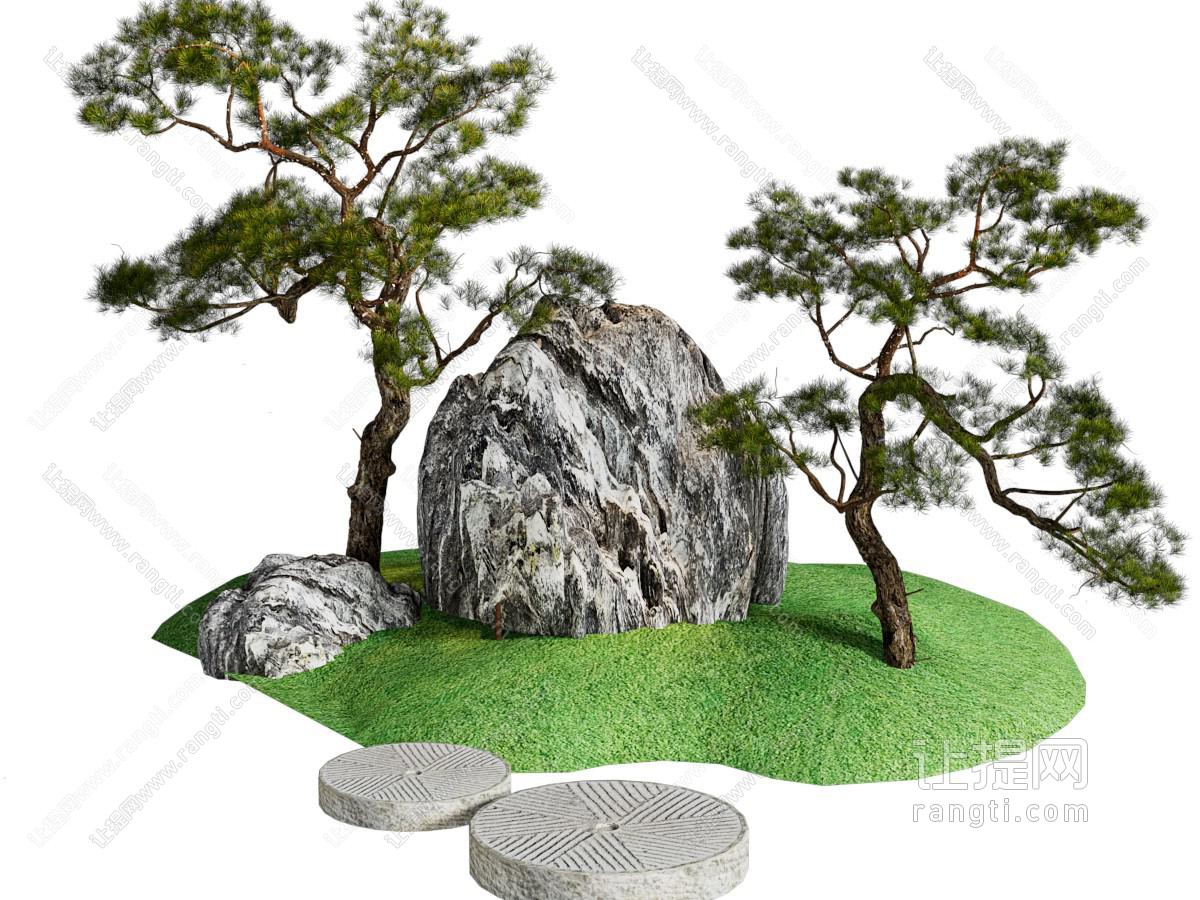 新中式假山 松树 草地景观园艺小品