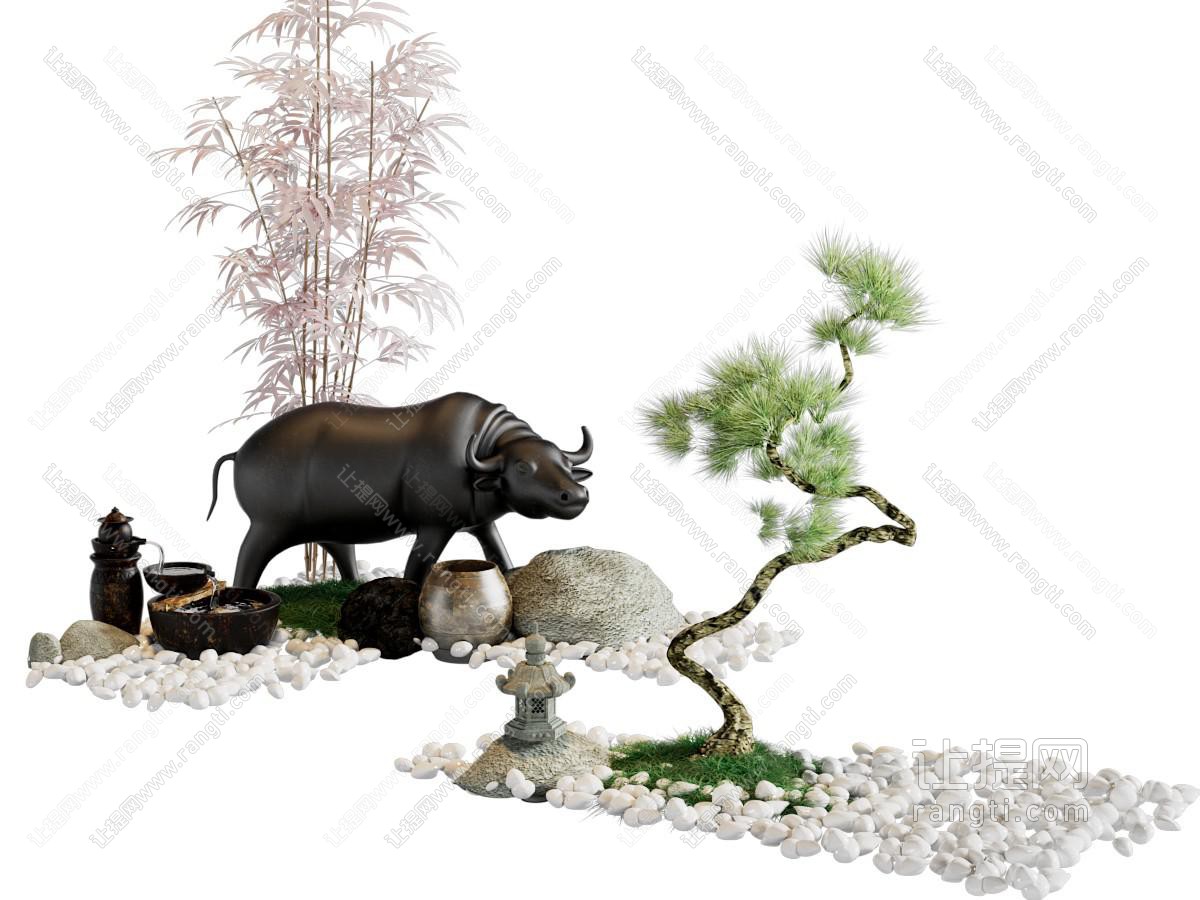 新中式石头 松树竹子 水牛雕塑 景观园艺小品