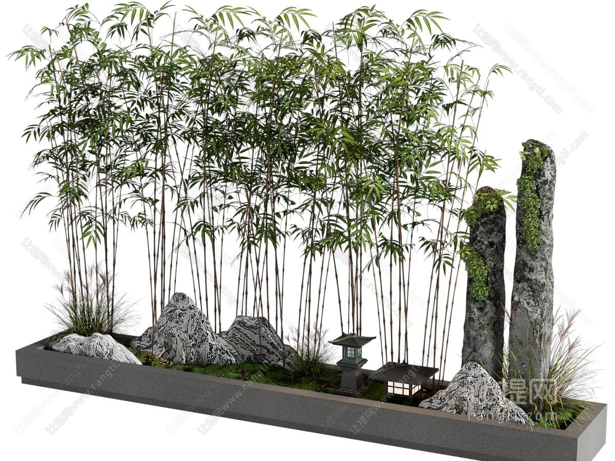 新中式花坛假山 竹子 景观园艺小品
