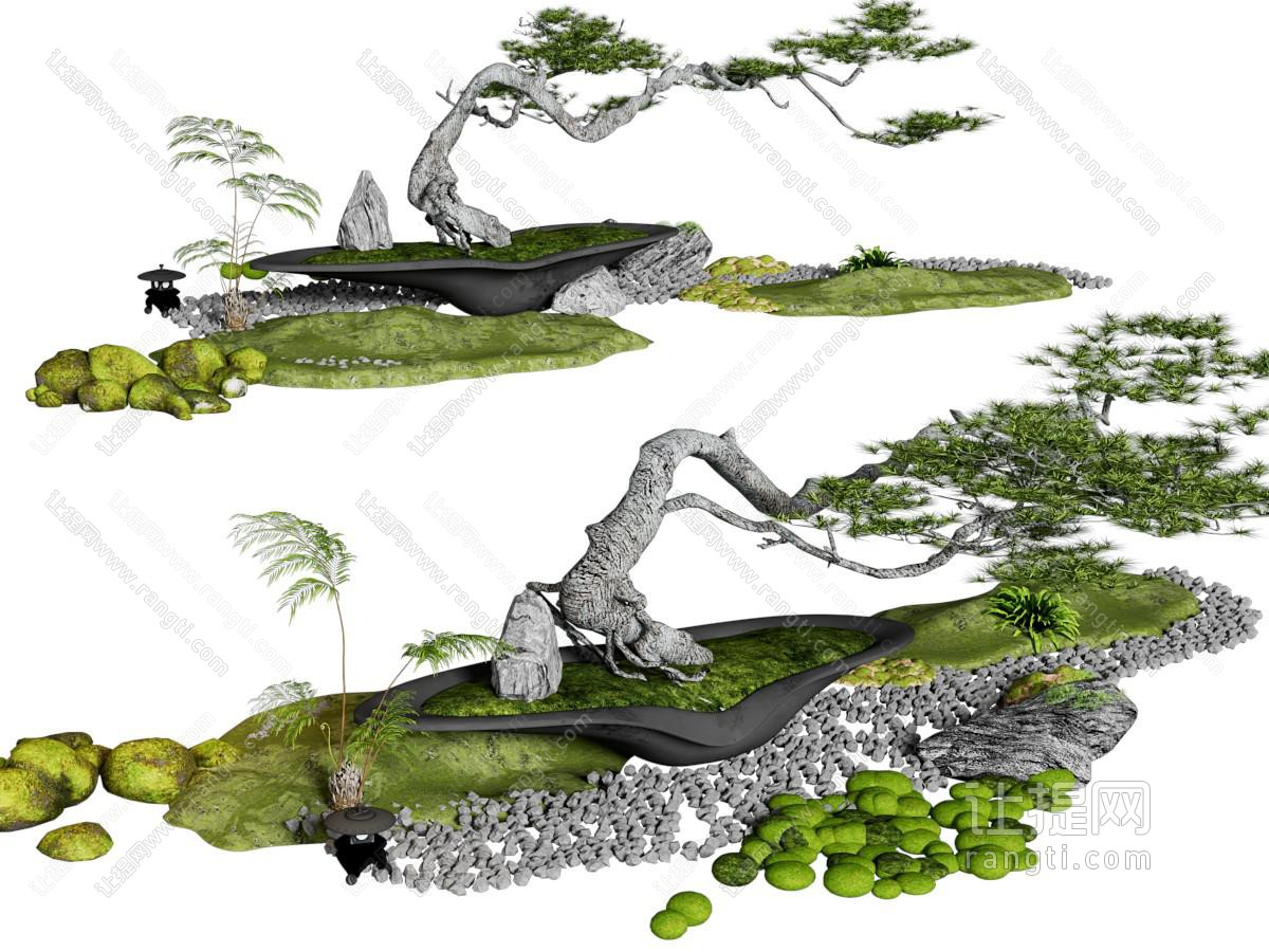 现代松树 石头 苔藓景观园艺小品