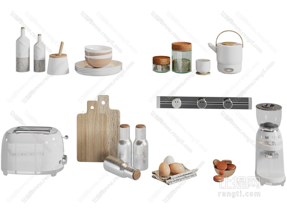 现代吐司机 砧板 咖啡机 碗碟 餐具组合