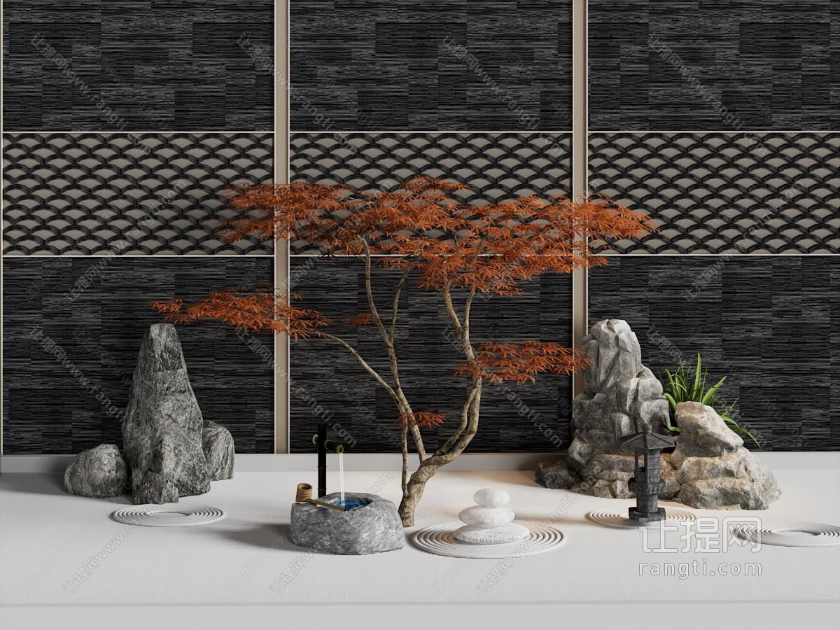 新中式庭院假山 枫树 水井景观园艺小品