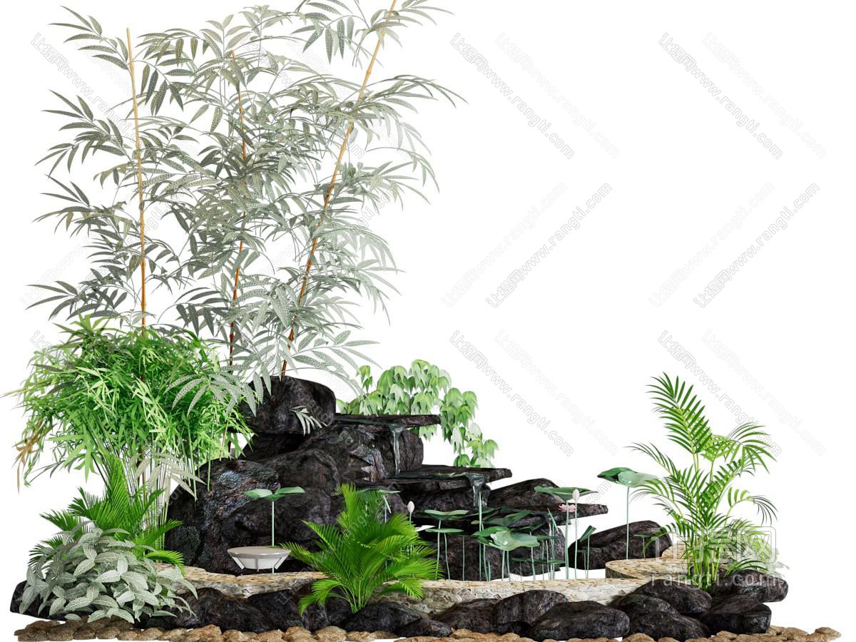 新中式假山 水景 竹子景观园艺小品