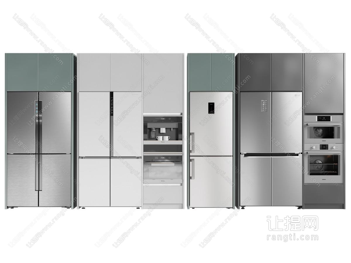 现代嵌入柜体的电冰箱 烤箱 咖啡机 厨房电器