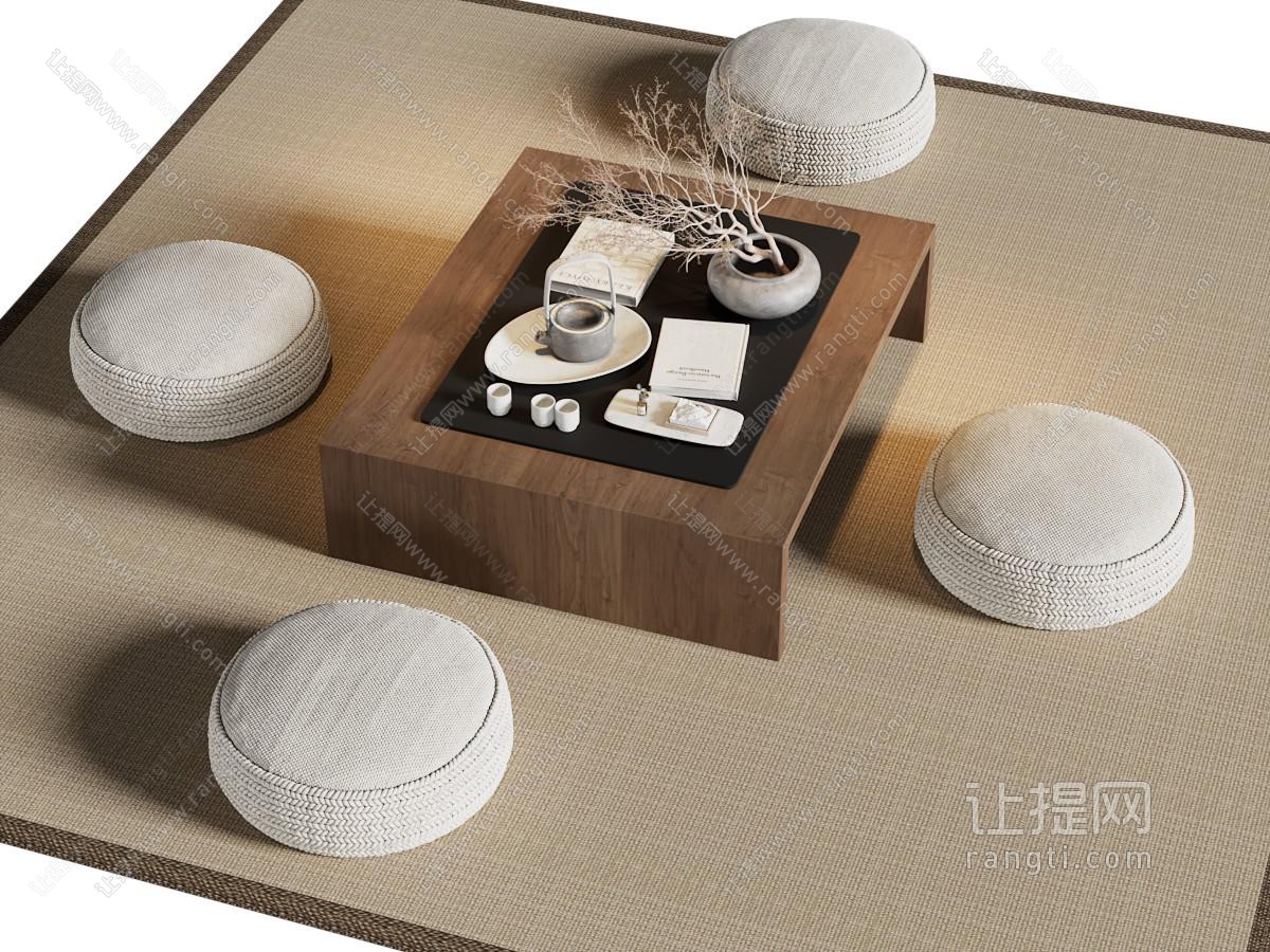 日式茶几 蒲团 茶具杯子