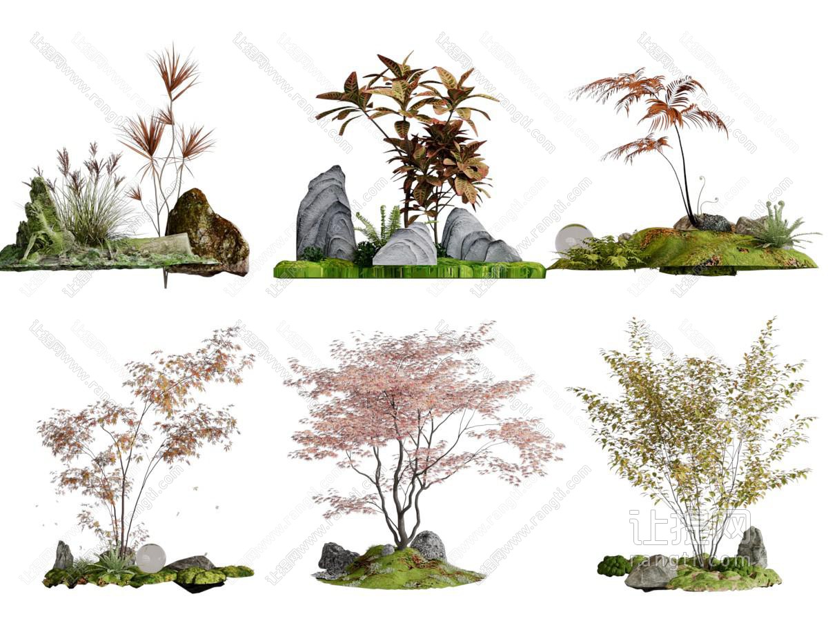 新中式假山 植被 树木景观园艺小品