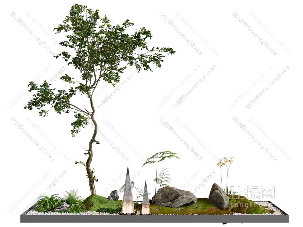 新中式树木 石头 花草花坛景观园艺小品