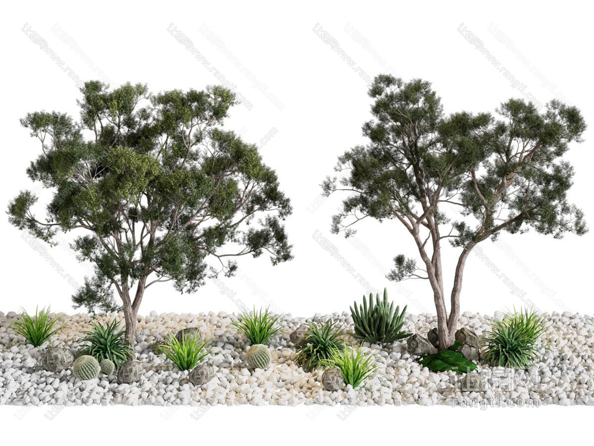 现代石子 松树 花草景观园艺小品