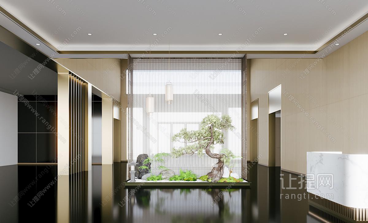 现代售楼处 绿植 物业楼 大堂造景