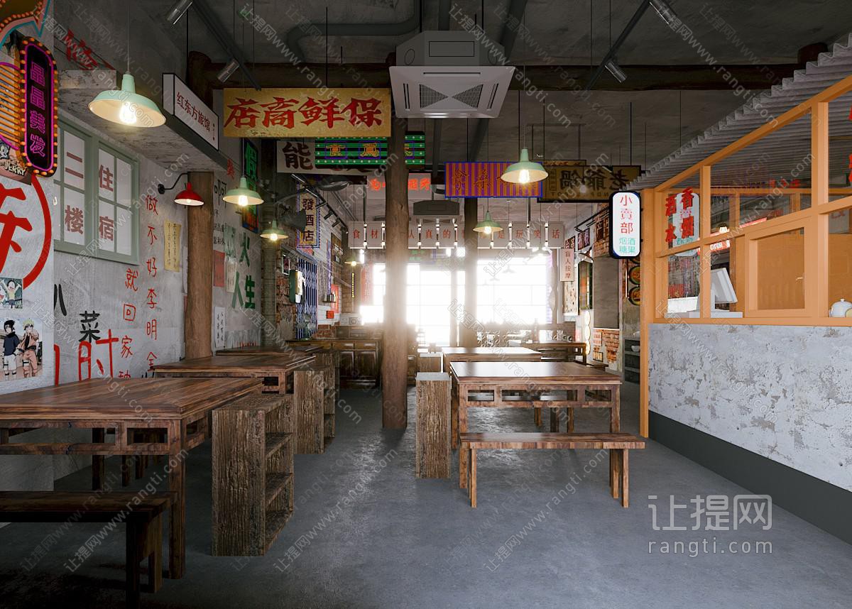 工业风火锅店 烤肉店 墙饰 桌椅