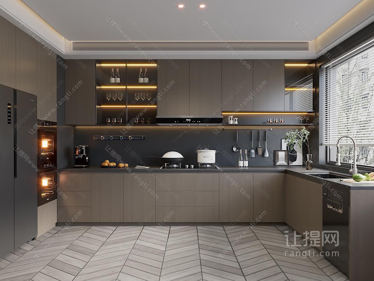 现代封闭式厨房 冰箱 炉灶 抽