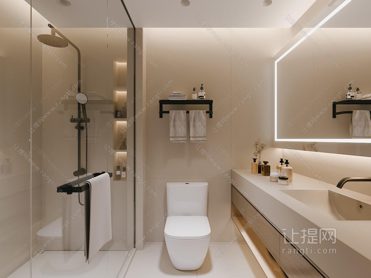 现代酒店卫生间 淋浴房 洗手台盆 洗浴用品 电热毛巾架