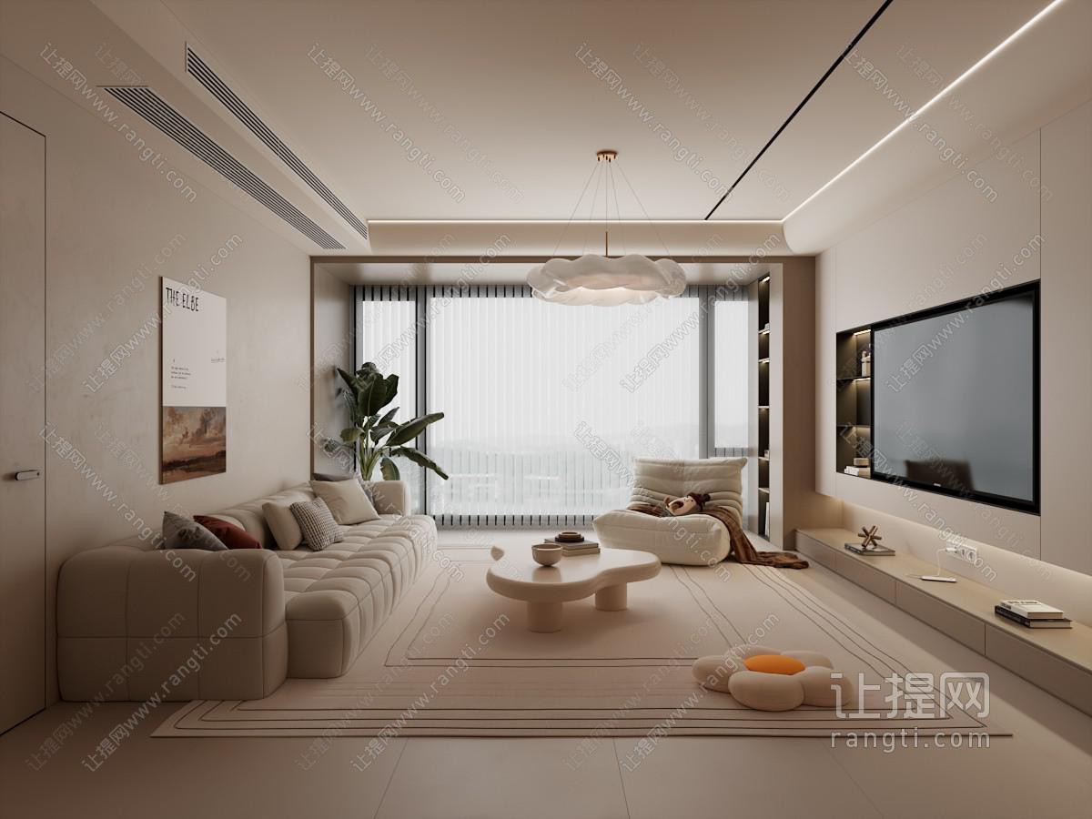 现代奶油家居客厅 沙发组合 茶几 电视背景墙