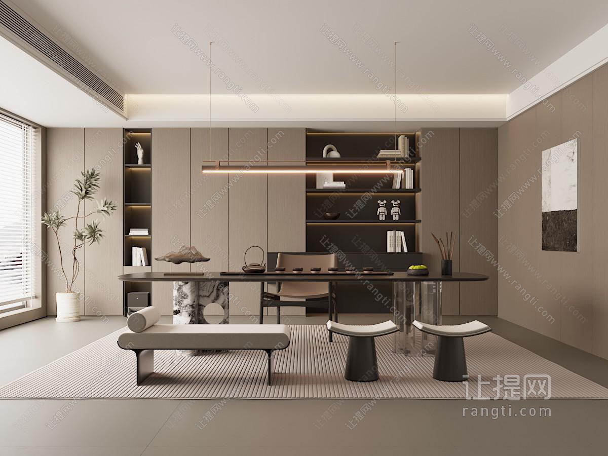 现代茶室 茶桌椅组合 装饰柜 黑白挂画 一字吊灯 亚克