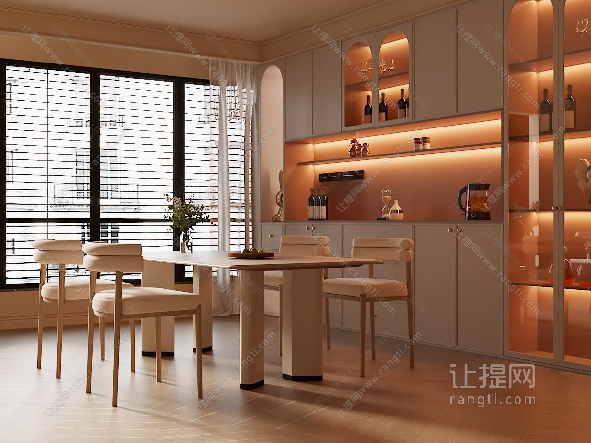 法式奶油风餐厅 酒柜 餐桌椅