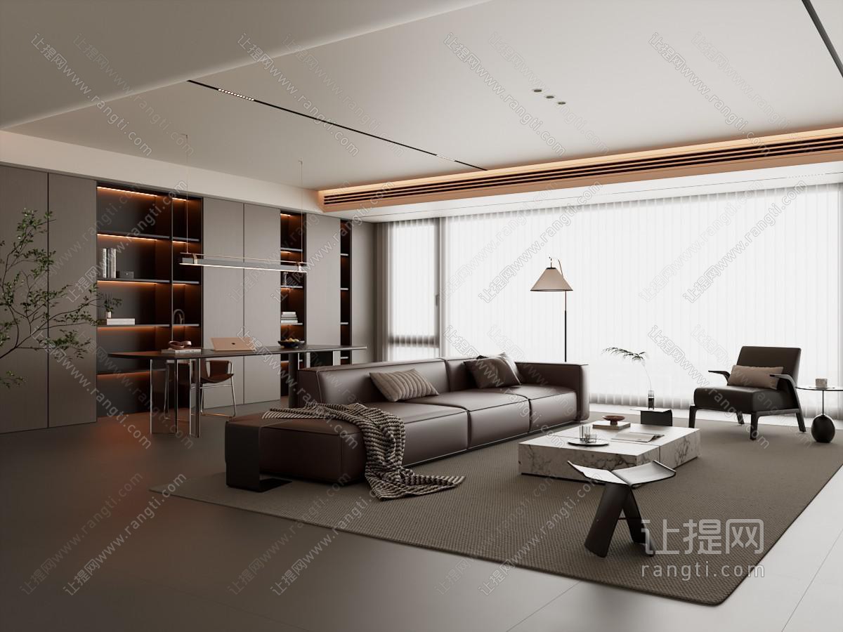 现代意式家居客厅 沙发茶几 书桌椅 吊灯 落地灯 装饰