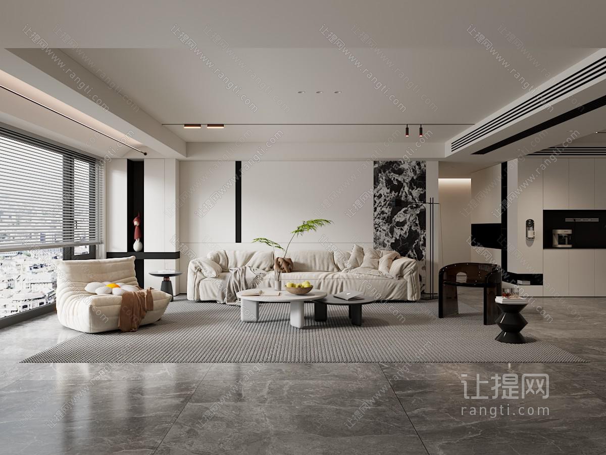 现代极简家居客厅 黑白灰 无主灯 下沉式 高级灰