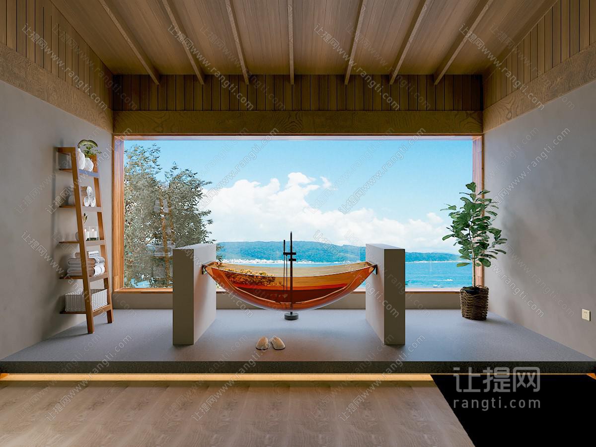侘寂风原木卫生间 亚克力浴缸