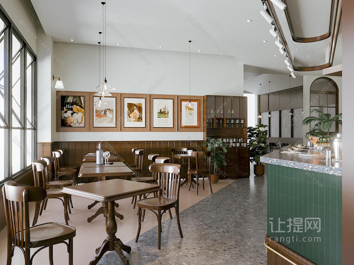 美式咖啡厅 咖啡店 奶茶店 餐桌椅组合 吊灯 绿植 挂画