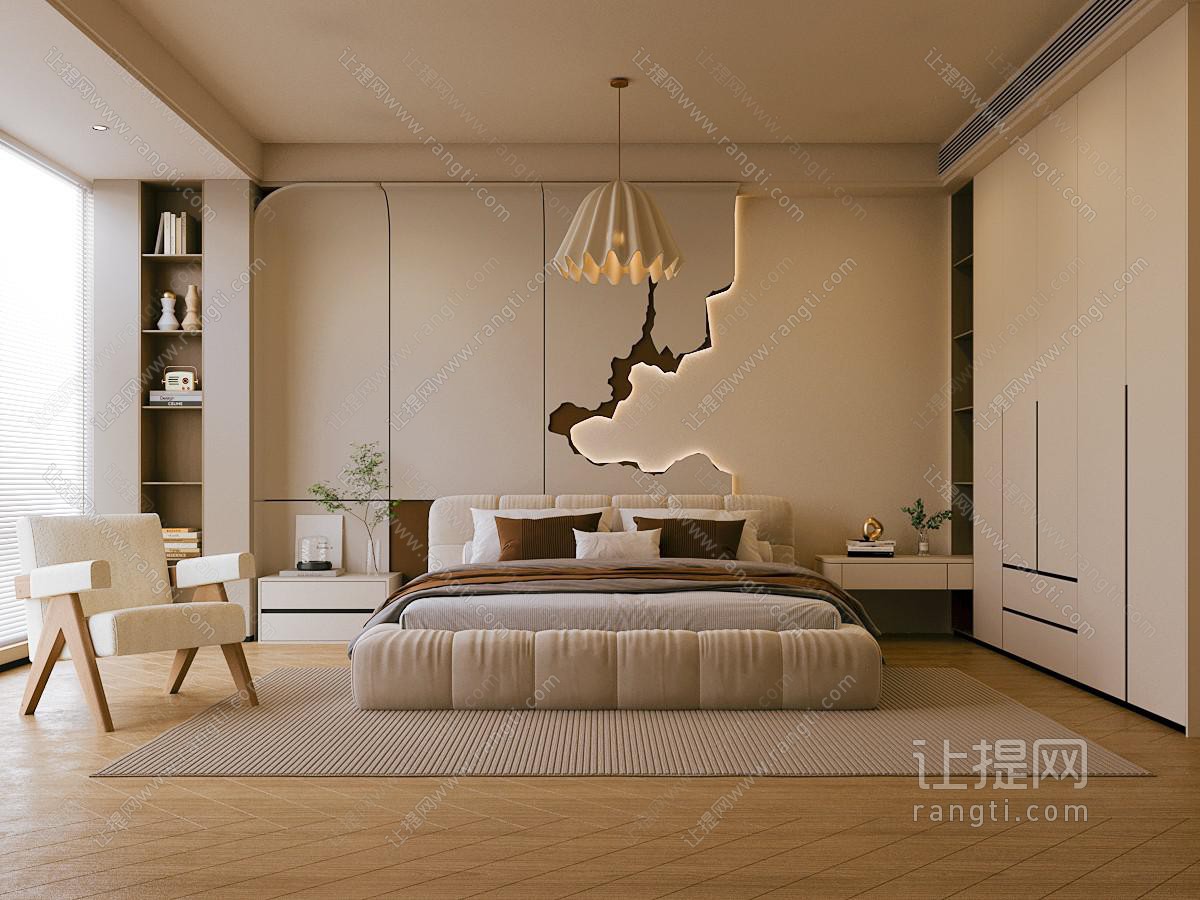 现代极简奶油风卧室 双人床 衣柜 背景墙 木地板 休闲