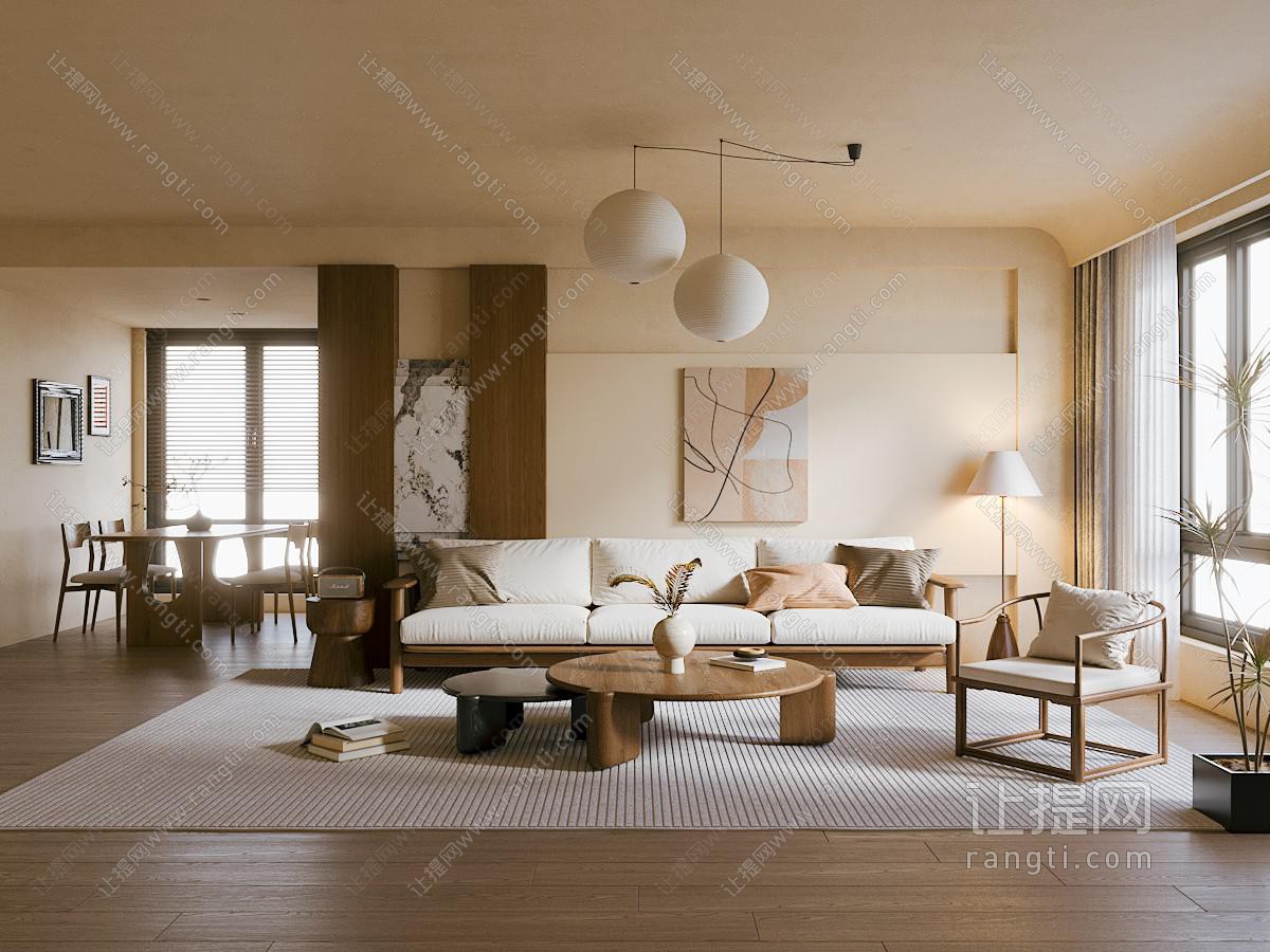 侘寂中古家居客厅 沙发茶几组合 实木茶几 休闲椅 餐桌