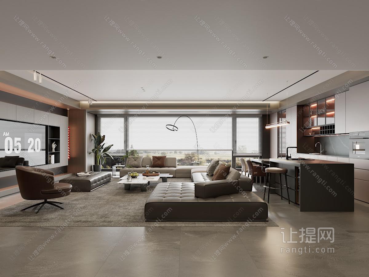 现代意式客厅餐厅 沙发组合 茶几 电视背景墙 餐桌椅 横