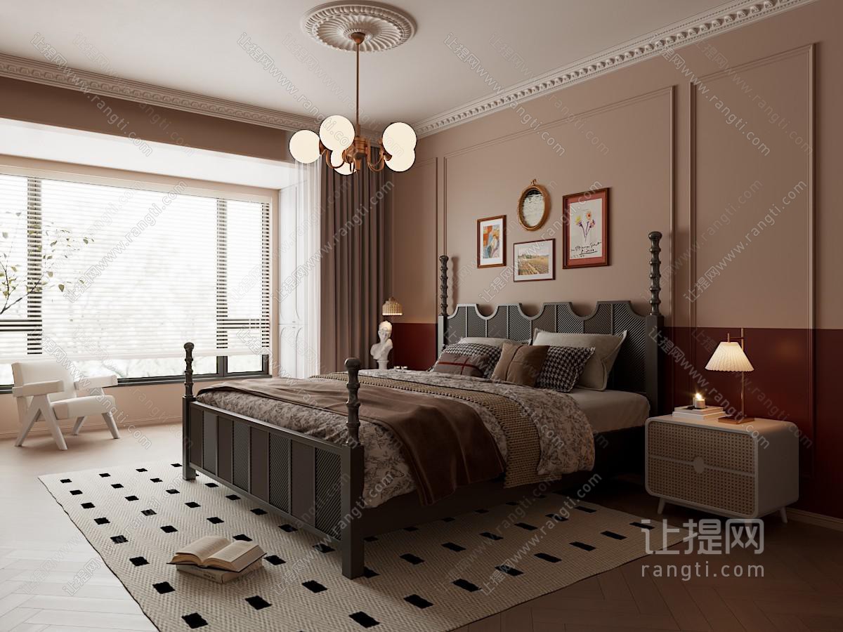 法式中古风卧室 双人床 吊灯 挂画