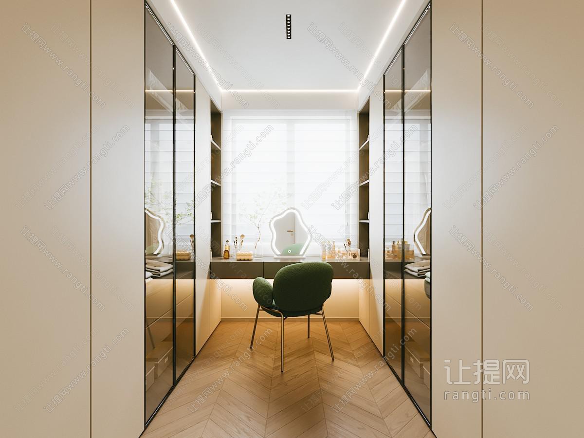 现代衣帽间 奶油风衣帽间 椅子 梳妆台 衣