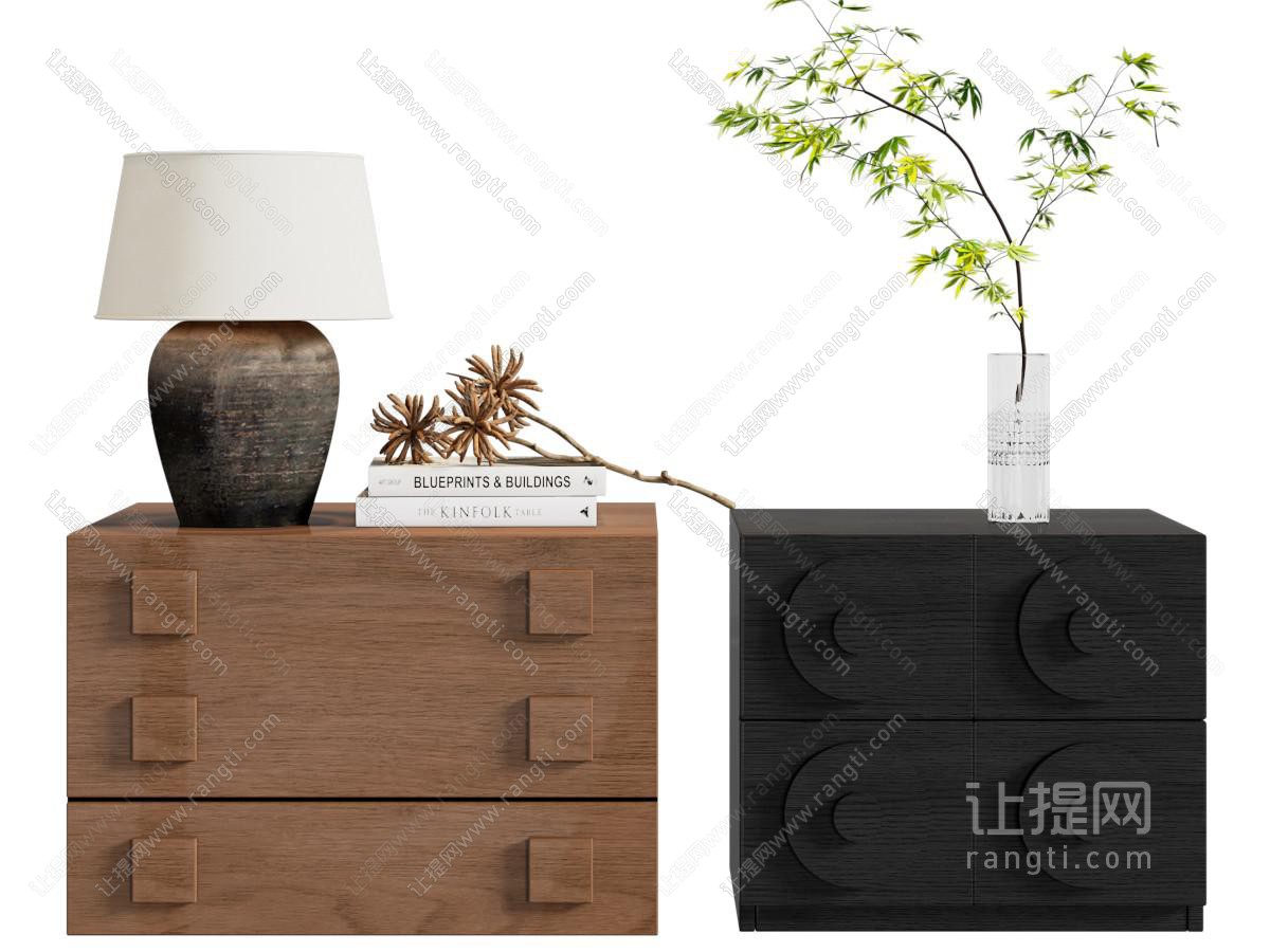 侘寂风中古床头柜 边几 台灯 花瓶摆件