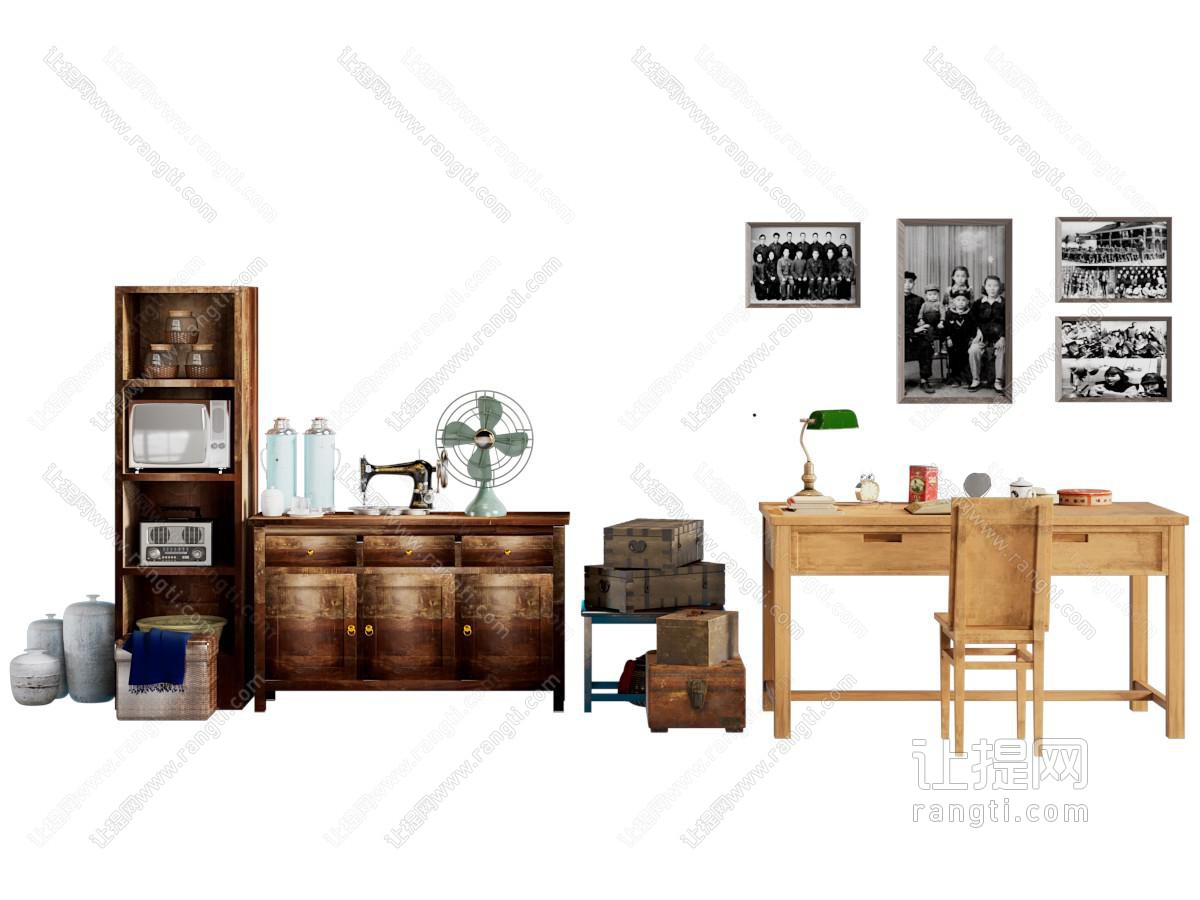 现代中古风复古家具 书桌椅组合