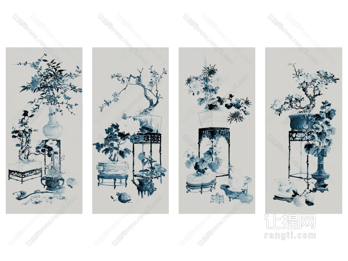 新中式青花瓷花瓶盆景装饰画