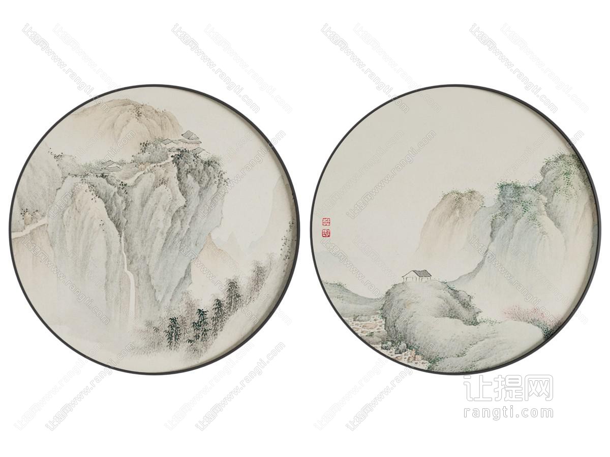 新中式典雅圆形山水装饰挂画