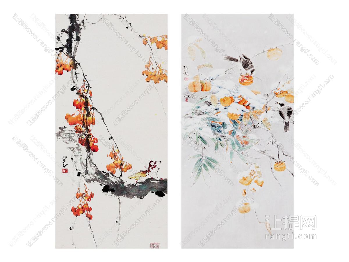 中式雅致红叶柿子飞鸟图案挂画组合