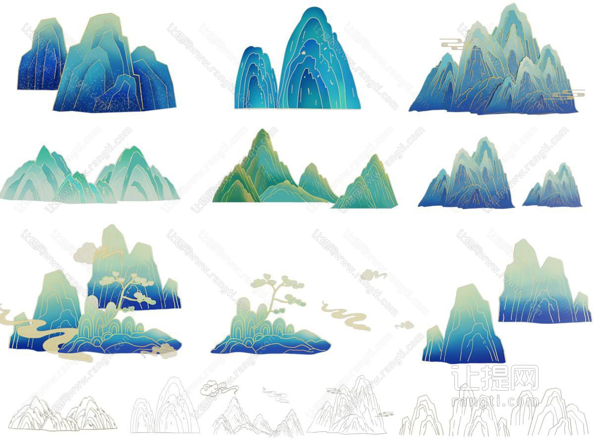 国潮墙饰 山脉山峰 烫金线性山水 山水插画