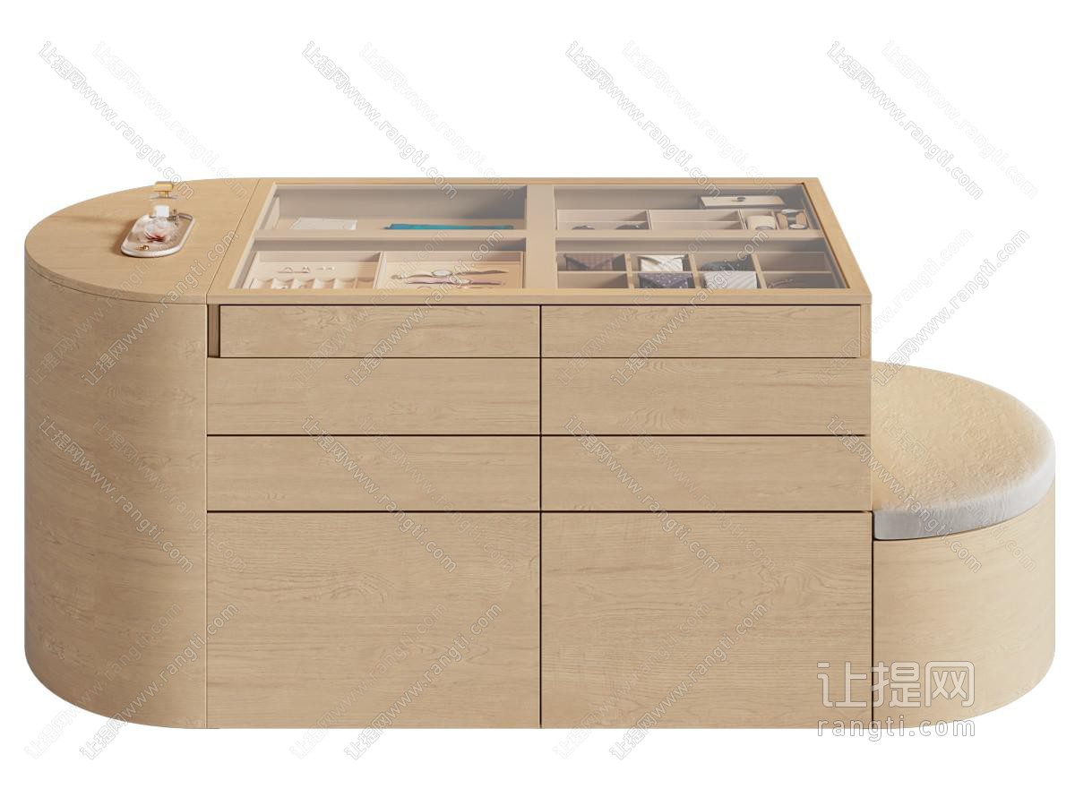 现代带凳子的中岛柜 实木边柜 展示柜
