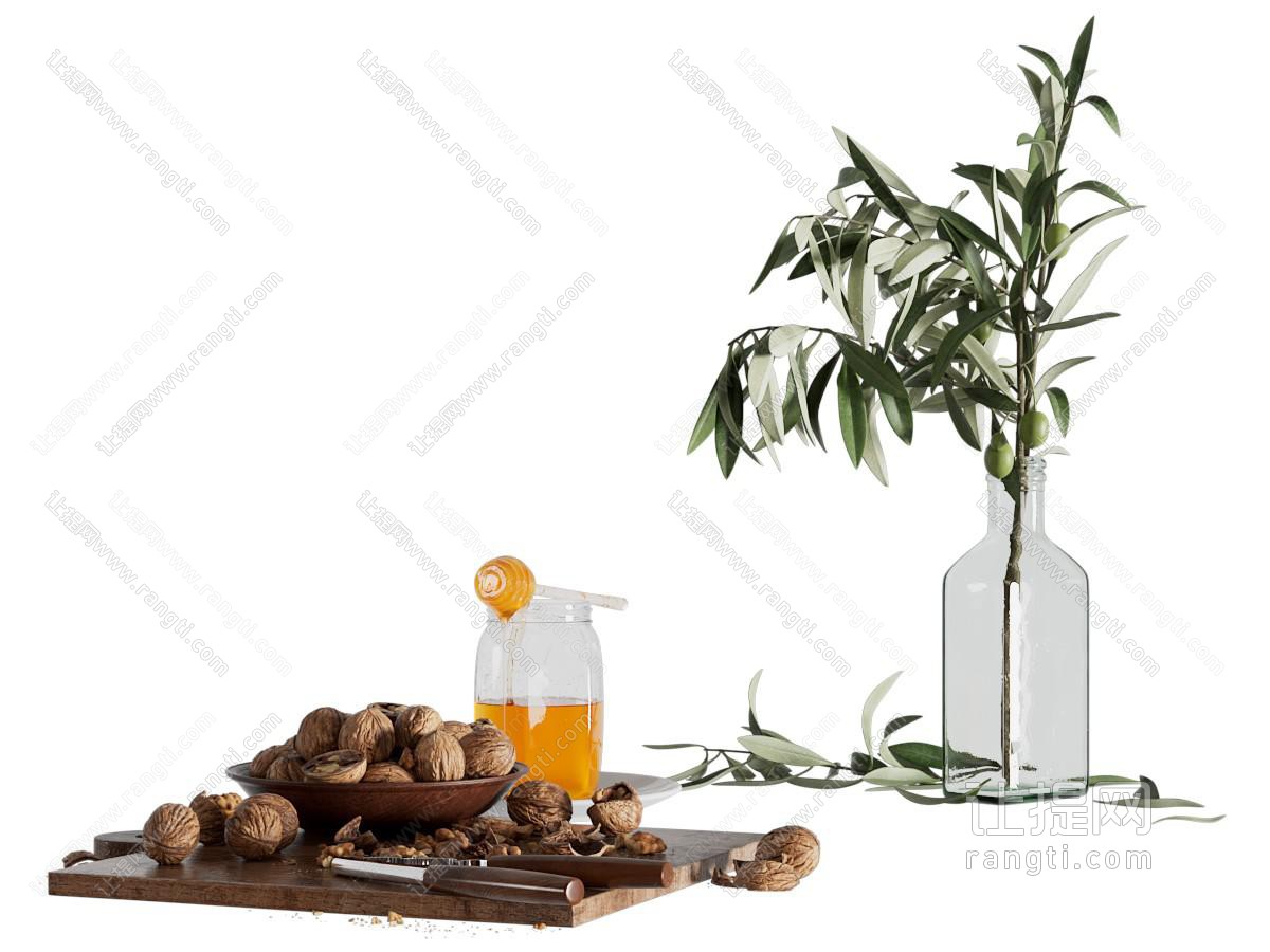 现代玻璃花瓶花卉 砧板 核桃坚果餐桌摆件组合