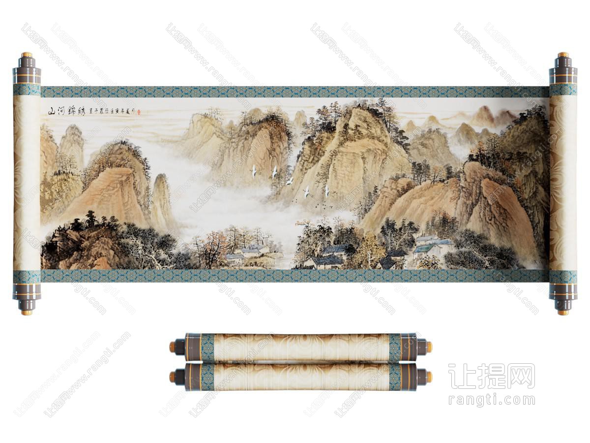 中式挂画 画卷 山水画卷 卷轴 横幅 山水画