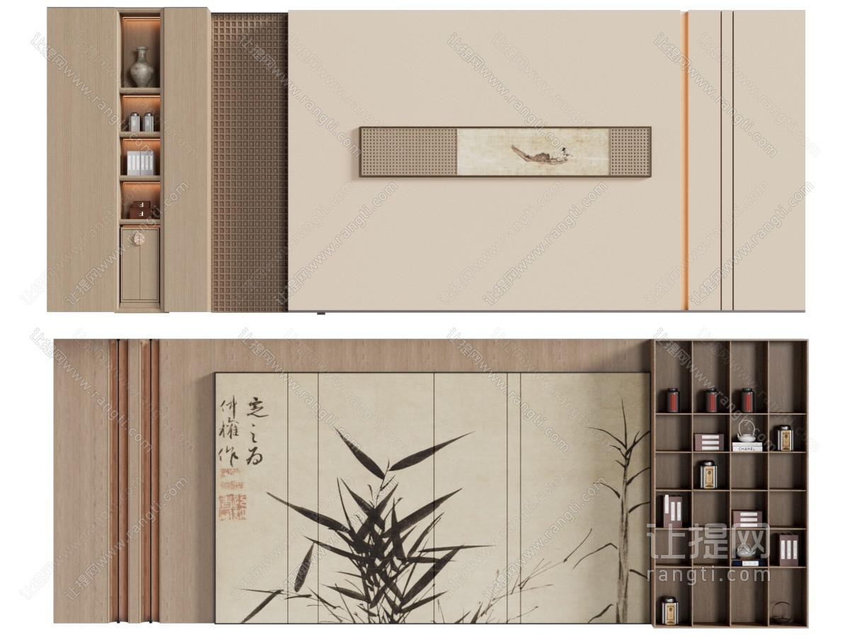 新中式床头背景墙 茶室背景墙