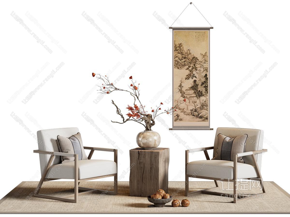 新中式中古风休闲椅子 边几 挂画