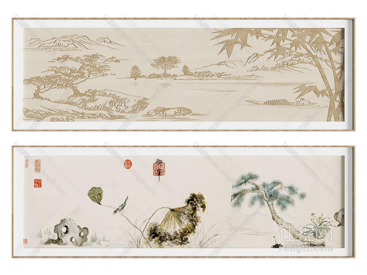 新中式挂画 装饰画 挂画组合 画 花瓶 山水画 画