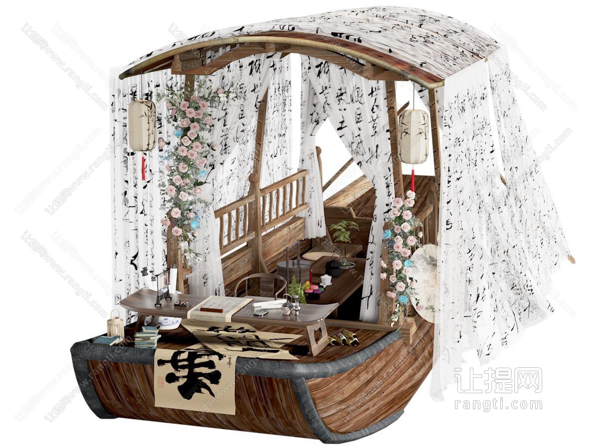 古风新中式中式画舫花船打卡拍照合影纱幔花艺字画船只