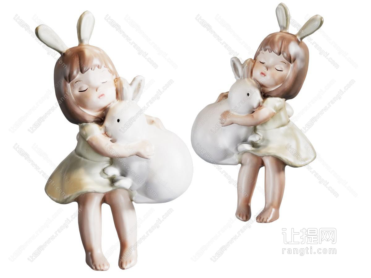 现代摆件组合 桌面摆件 可爱女孩装饰品 女孩抱兔子