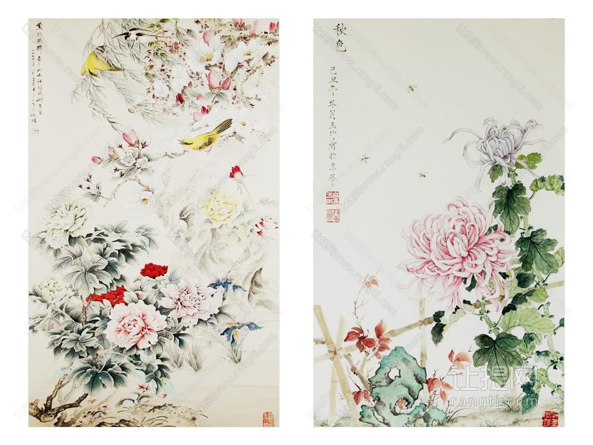 中式清新雅致牡丹菊花花卉挂画组合
